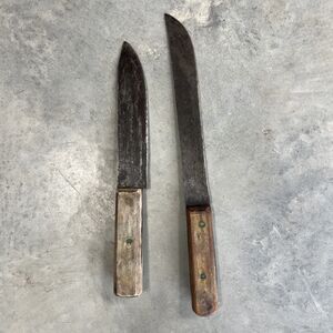 (2) Vintage 13” 15” Butcher Carving Knives Unbranded Wooden Handle